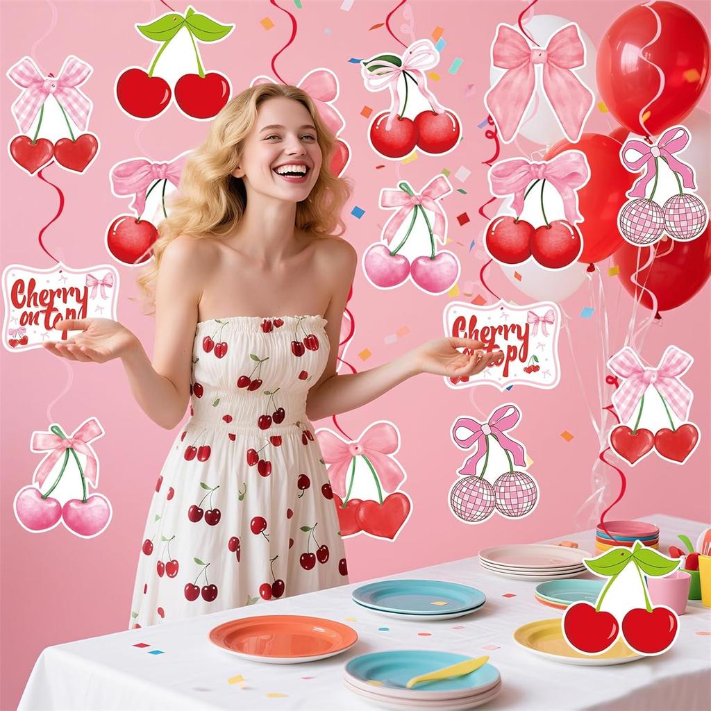 Cherry Birthday Party Decorations Red Pink Cherry Bow Hanging Swirl Garland for Girls Baby Shower She's the Cherry On Top Theme Party Decor