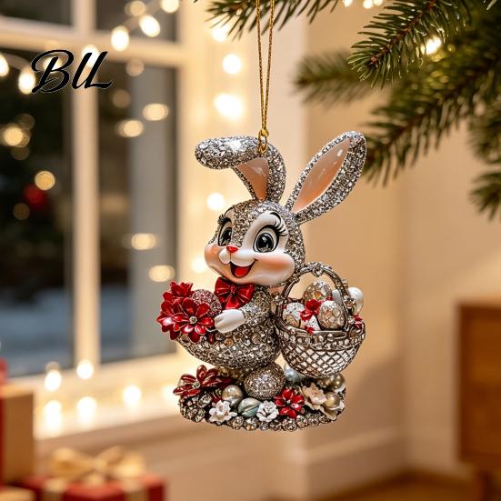 Seasonal Decorative Hanging Rabbit Easter Bunny Acrylic Pendant, Cute with Basket, 2D Car for Home Window Rearview Mirror Ornament, Bag Keychain