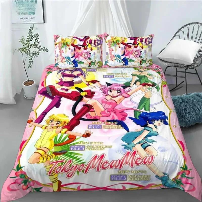 New 3D Anime Kawaii Girls Tokyo.Mew.Mew Bedding Set Printed With Pillowcase Bed Duvet Cover Soft Queen King Size Bedclothes Home
