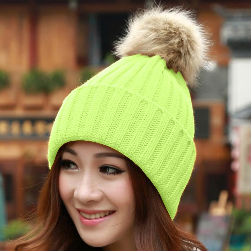 Women Winter Warm Knitted  Cute  F-ur Ball Yarn Hat
