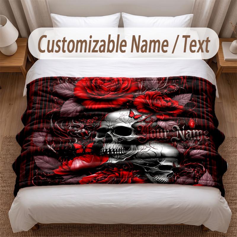 Skull Gothic Theme Soft Blanket Personalized Custom Name Text Print Warm Blanket Home Sofa Bedroom Decor