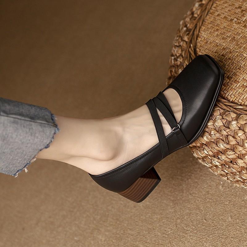 Retro Mary Jane Schuhe Damen Dicke Ferse Weiche Sohle Mittelhoch Vielseitig Eckiger Kopf Kleine Lederschuhe Frühling Flachmündung Einzelne Schuhe