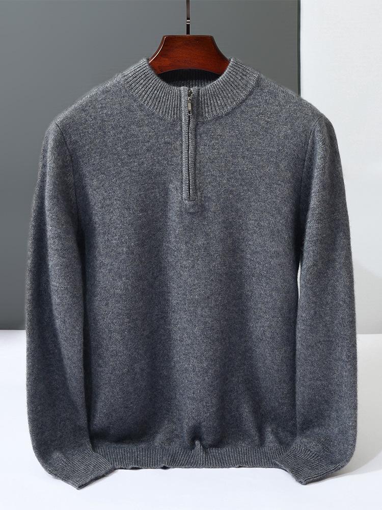 Men's Cashmere Knit Zipper Sweater - Solid Color, Loose Fit, Half-High Collar, Autumn/Winter Collection