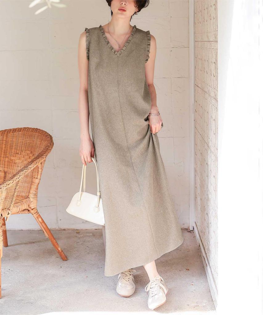 Frill Design Sleeveless Dress AHXN2376 L Ivory [Titivate] Linen-like V-neck Women's