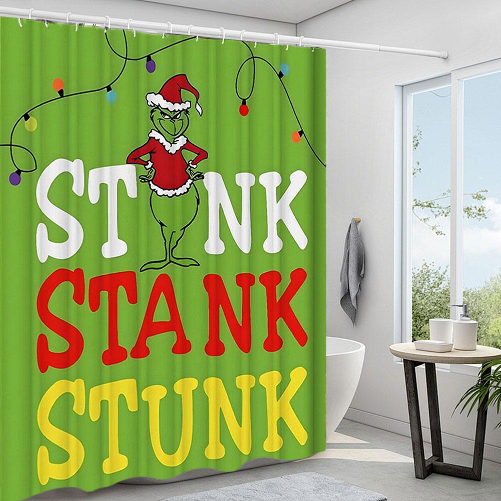 Christmas Snowman Shower Curtains Green W/Non-Slip Rugs Toilet Lid Cover Bath Mat Shower Curtain Set Home Bathroom Curtain Decor