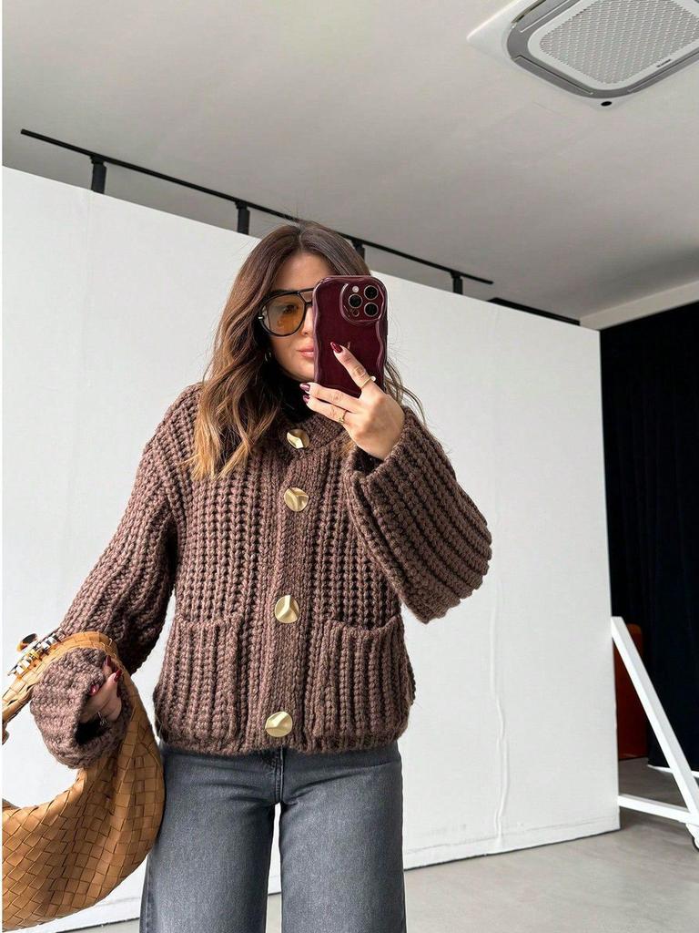 Women's European/American Style Thick Knit Pocket Button Cardigan Sweater, Autumn/Winter.