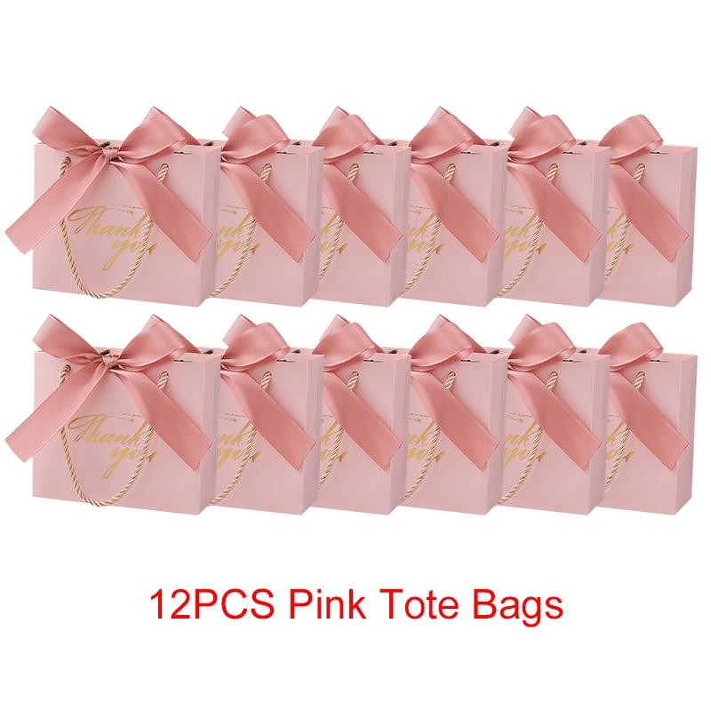 6/12PCS Pack Gift Bag Pink White Black Red Tote Bag Ribbon Bow Decoration Bronzing"Thank You" Text Birthday Wedding Gift Bag ZYF