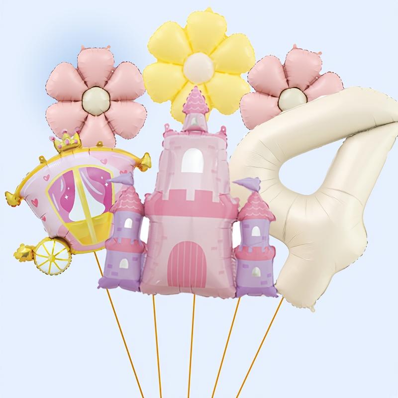 6pcs Castle Princess Carriage-Shaped Aluminum Foil Balloon 40 Inch Cream White Number 1-9 Balloon Set Birthday Party Decoration
