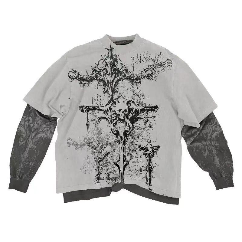 Streetwear Skull Graffiti Print Oversized Long Sleeve Tee Loose Fit Cotton Top Men Women
