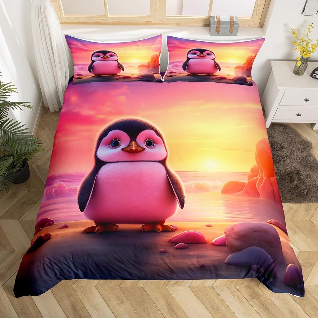 Penguin Duvet Cover Twin Queen Size Antarctic Animal Bedding Set For Kids Boys Girl Cartoon Black White Wildlife Comforter Cover