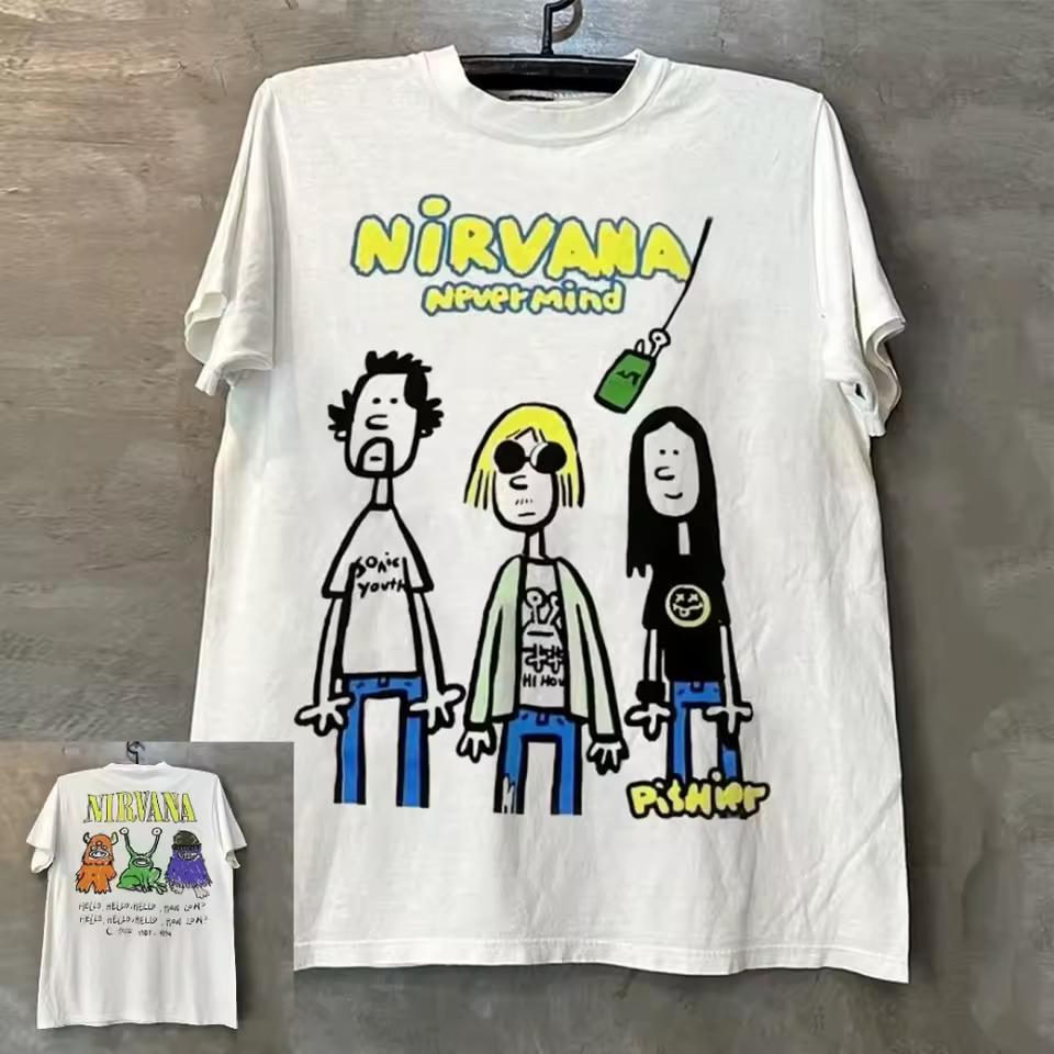 Rock Band Nirvana Print Y2K Hip-hop Style Pattern T-shirt with Round Neck Print Short Sleeved T-shirt Casual Daily Street Wear