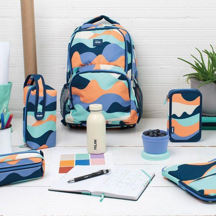 Trousse scolaire - MILAN - Rectangulaire - 2 compartiments - 21x8,5x6,1 cm - Bleu, orange et vert