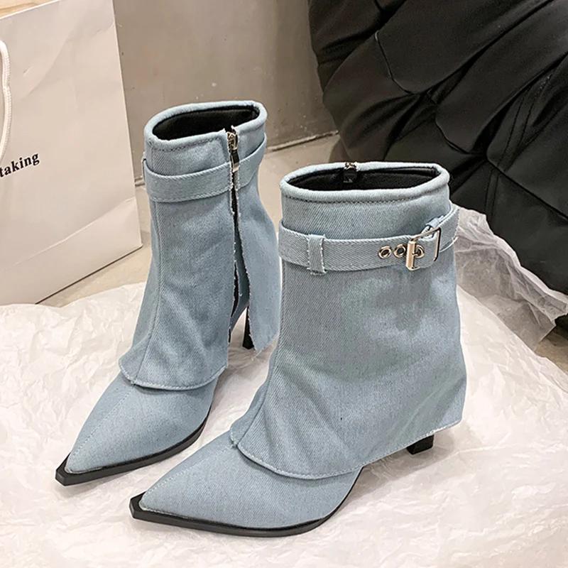 Cowboy Women Ankle Boots Pointed Toe Fashion High Heels Shoes 2025 New Trend Designer Buckle Pumps Chelsea Winter Botas De Mujer