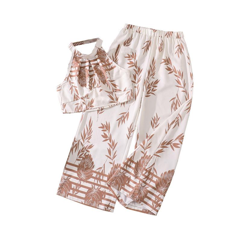 Girls' Fashionable Outfit - Summer Children's Casual Collared Sleeveless Tunic Straight Wide-leg Trousers Set