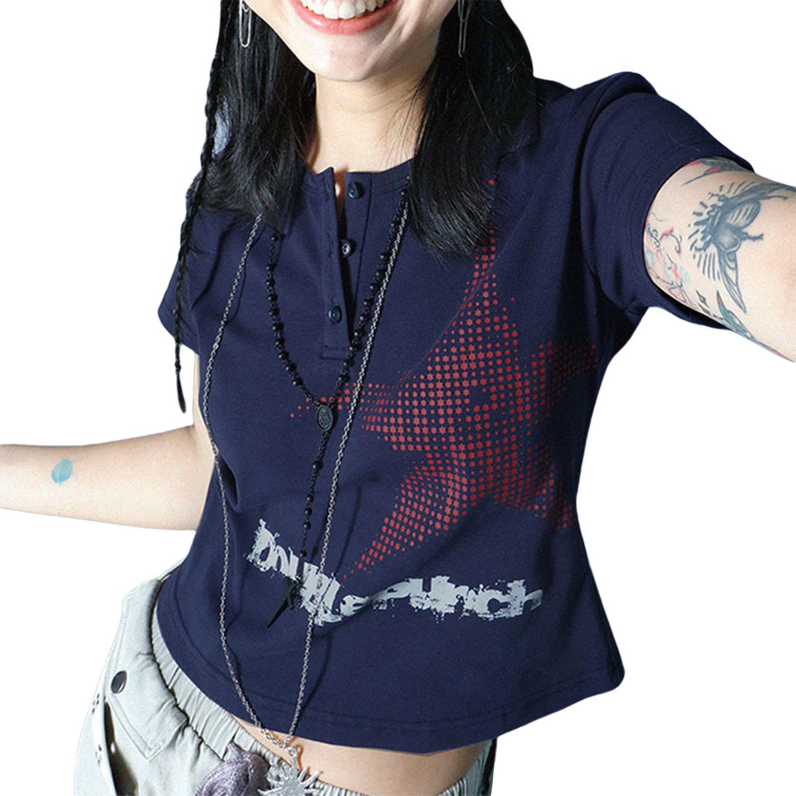 

Женские летние укороченные топы в уличном стиле с коротким рукавом и принтом звезд на пуговицах M