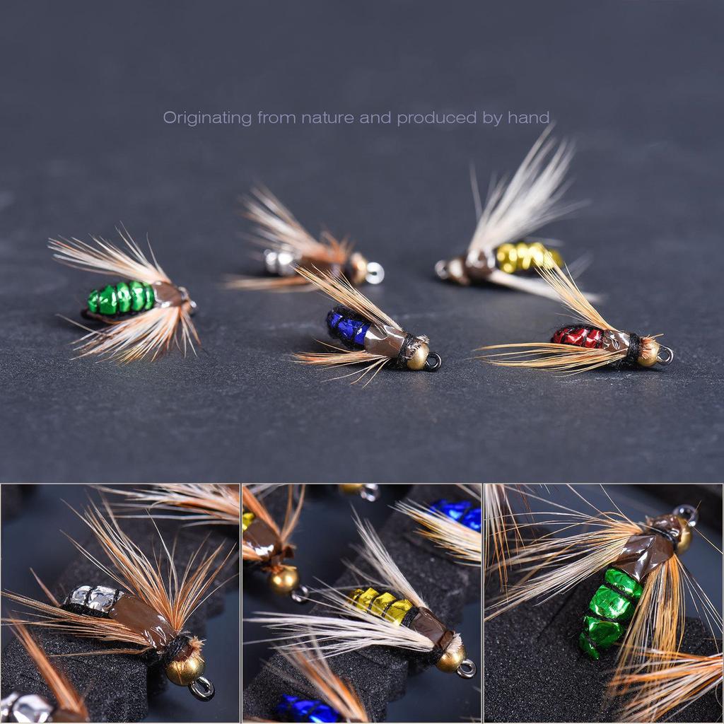 50 יחידות/קופסה 5 צבעים זבובי דיג ביוניים בעבודת יד לדיג בנחלים פורל בס עם נוצות טבעיות, מבחר זבובי דיג