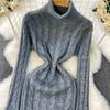 Autumn Winter Women Casual Turtleneck Twist Knitted Sweater Long Midi Slim Bodycon Pullover Dresses