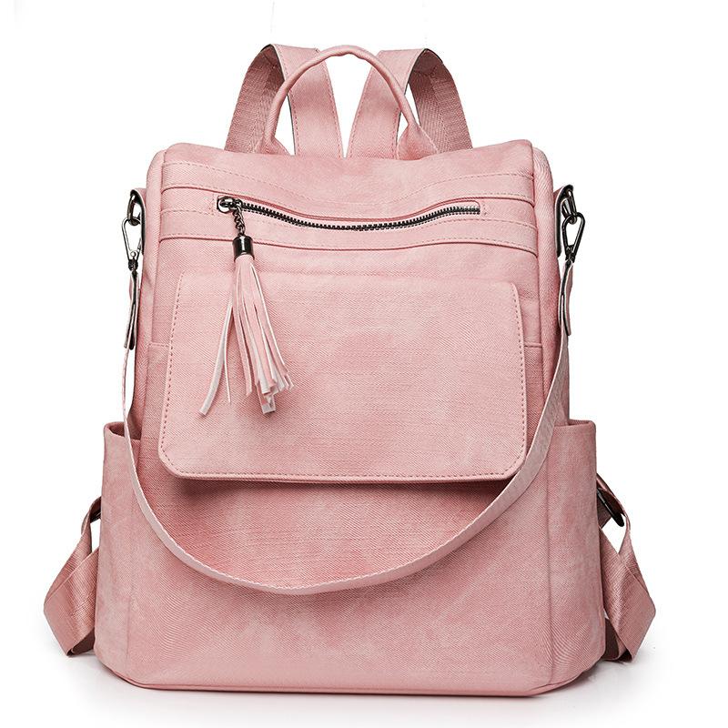 Women's Soft Leather Backpack Large Capacity Student Commuter Schoolbag Tassel Travel Backpack