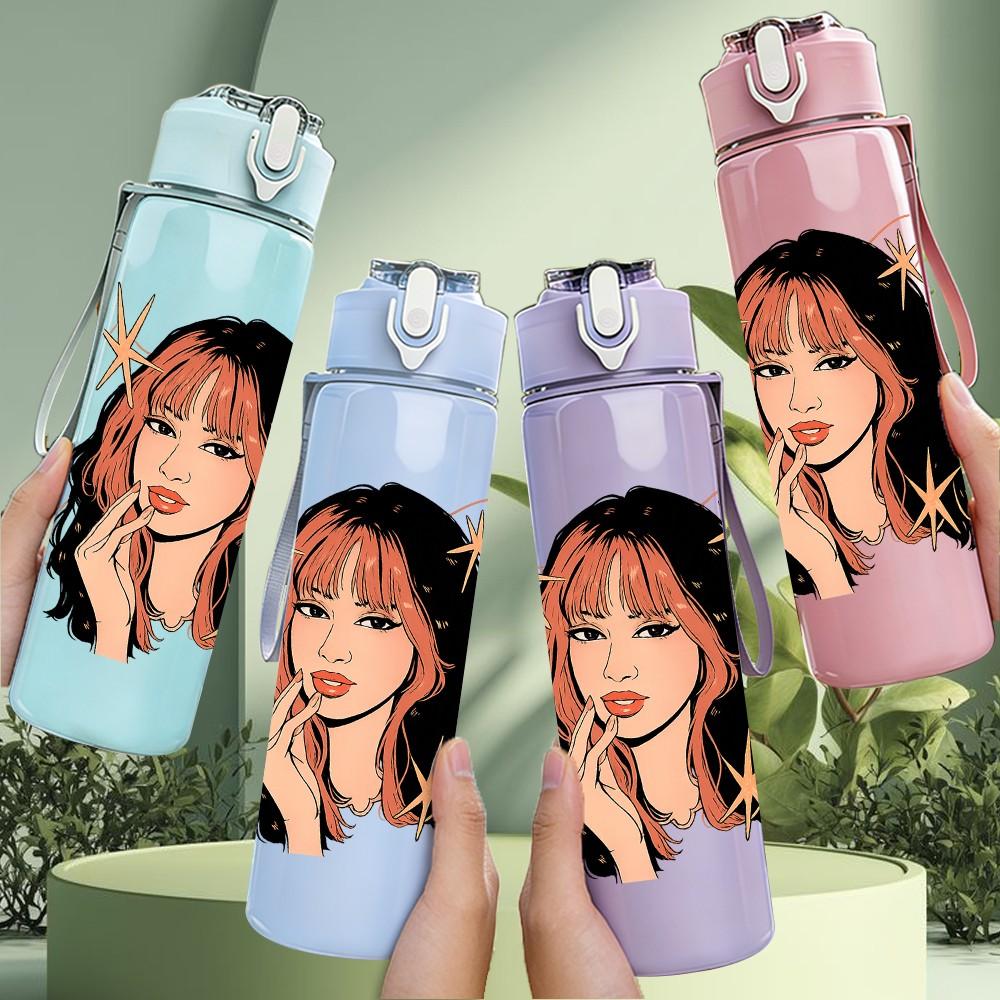 1PC Long Hair Girl Portrait Art Print 750ml Color Plastic Sports Water Bottle Leakproof Flip Straw Lid Suitable for Sports Office Home Use