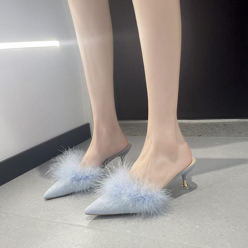 

Mao Mao high-heeled cool slippers women s fashion outer wear 2025 new versatile pointed head thin heel bag head Muller half slippers women 33