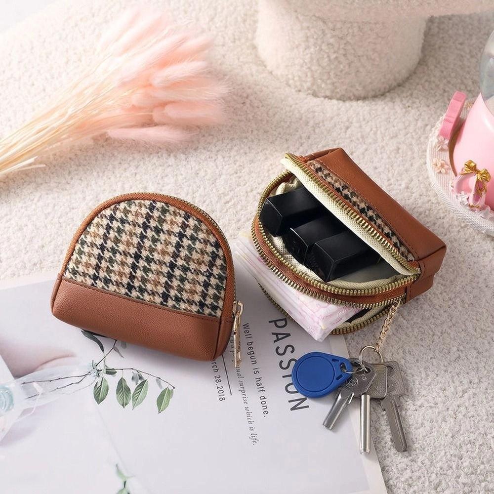 Layers Zipper Houndstooth with Key Chain Fabric Card Holders Wallet Leather Bag Women Coin Purse