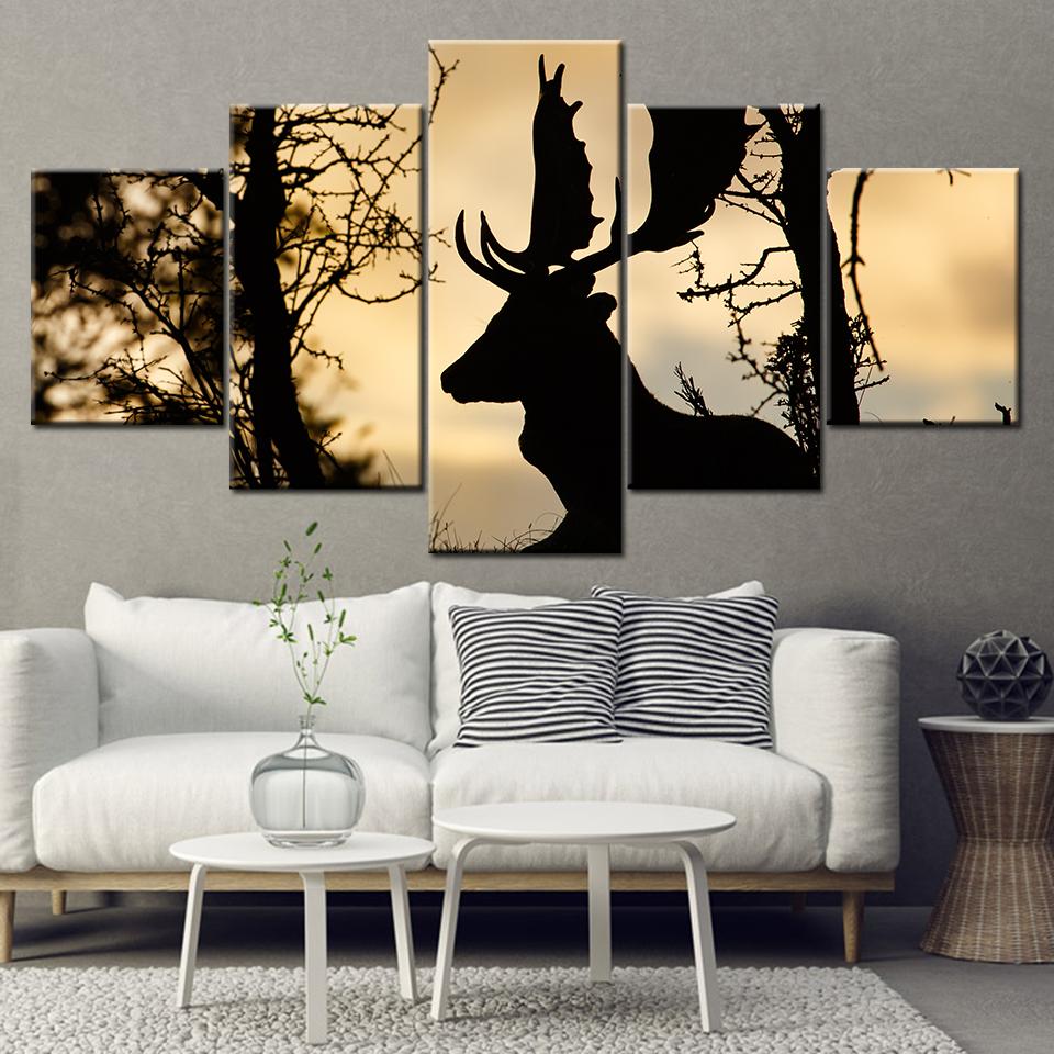 

Dark black Fallow Deer in sunset forest 5 Piece Wallpapers Art Canvas Print modern Poster Modular art painting Home Decor 20x35 20x45 20x55cm