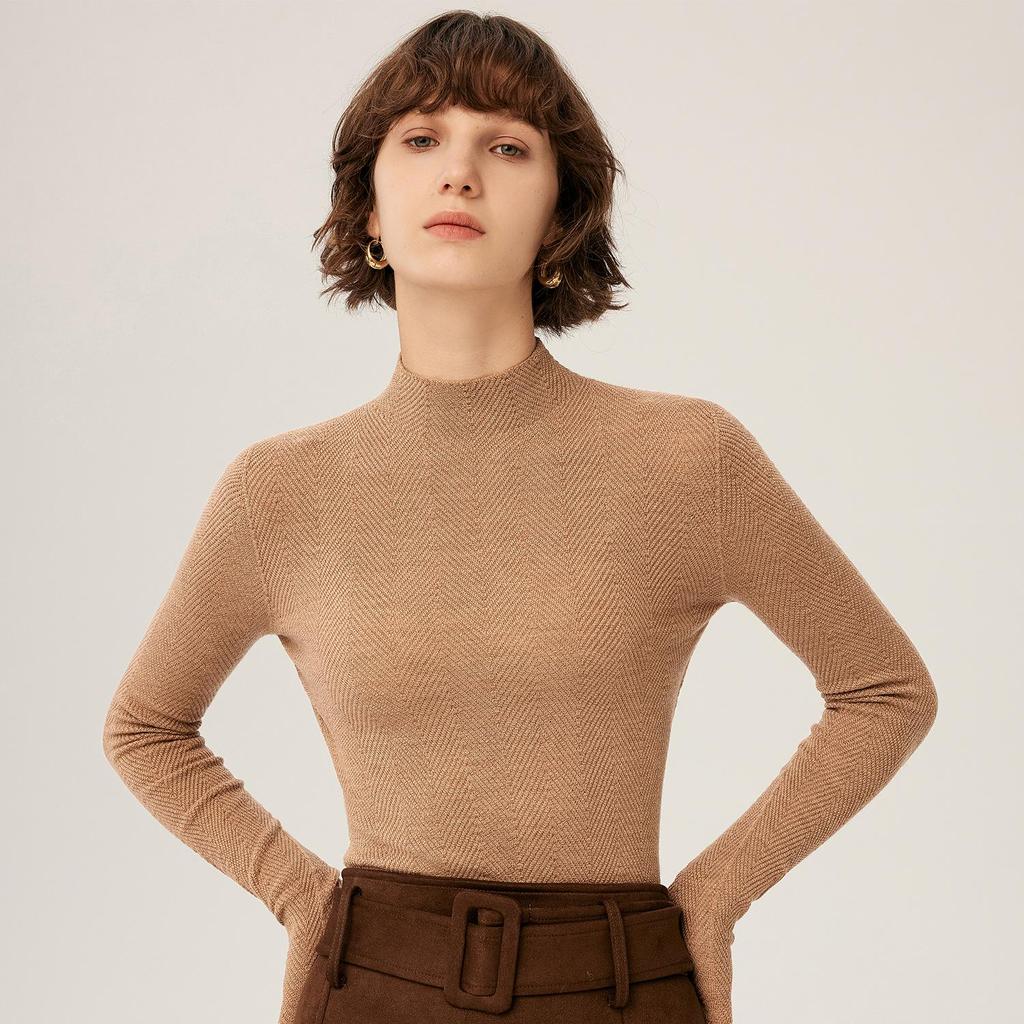 Women's Slim-Fit Long-Sleeve High-Collar Fine-Spun 100% Wool Base Layer Top