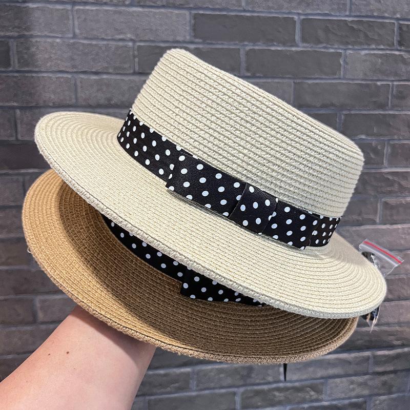 French Polka Dot Ribbon Flat Top Hat Women's Summer Sun Protection Straw Hat Simple Flat Edge Basin Hat Outdoor Outing Sun Hat