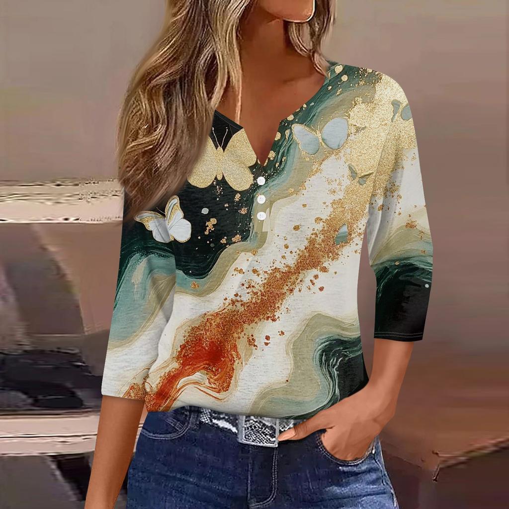 Damen T-Shirt mit Aufdruck, Knopfleiste, 3/4-Ärmel, modisch für den Alltag und das Wochenende, Basic, V-Ausschnitt, normales Oberteil