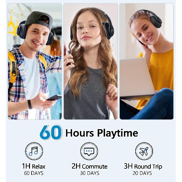 Bluetooth Headphones Over Ear, 60 Hours Playtime Foldable Headphones Wireless Bluetooth Hi-Fi Stereo Deep Bass with 6 EQ Modes, Adjustable