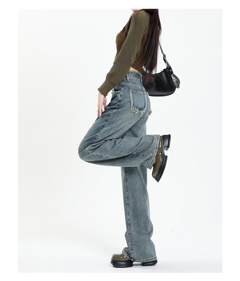 Women's American Retro Wide-Leg Jeans, High Waist, Straight Loose Fit, Floor-Length, Spring/Autumn 2023 Design 