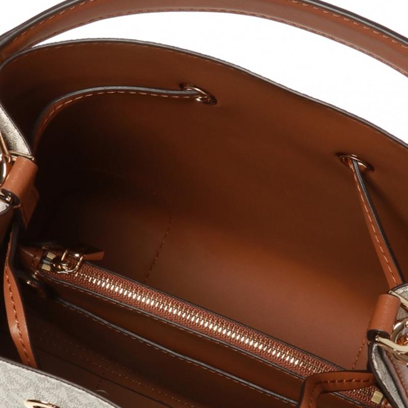 Michael Kors MK Mercer Gallery Bucket Vintage Drawstring Color Block Canvas And Leather Tote Bag Women Bags White Brown 30F9GZ5L6B-149