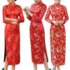 Klassisches chinesisches Damenkleid im chinesischen Stil, Vintage-Blumendruck, Stehkragen, lange Ärmel, seitlicher Schlitz, knöchellang, Maxikleid, Qipao, Cheongsam