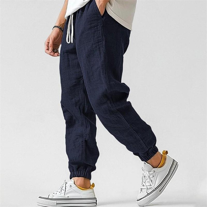 Men High Quality Cotton Linen Casual Pants Elastic Waist Solid Color Breathable Comfortable Straight Leg Cuffed Trousers