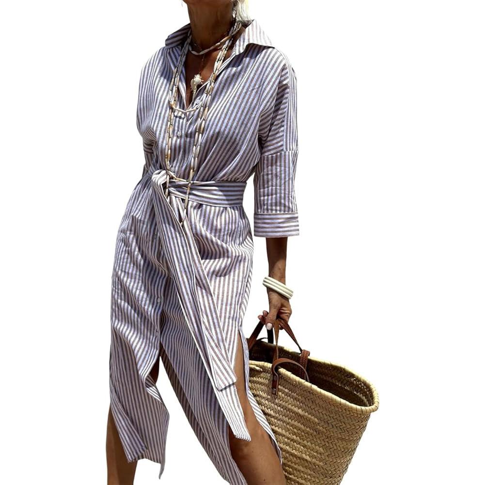 Women's Summer Shirt Dress Lapel Button Striped Waistband Long Dress Casual Side Slit Maxi Dress