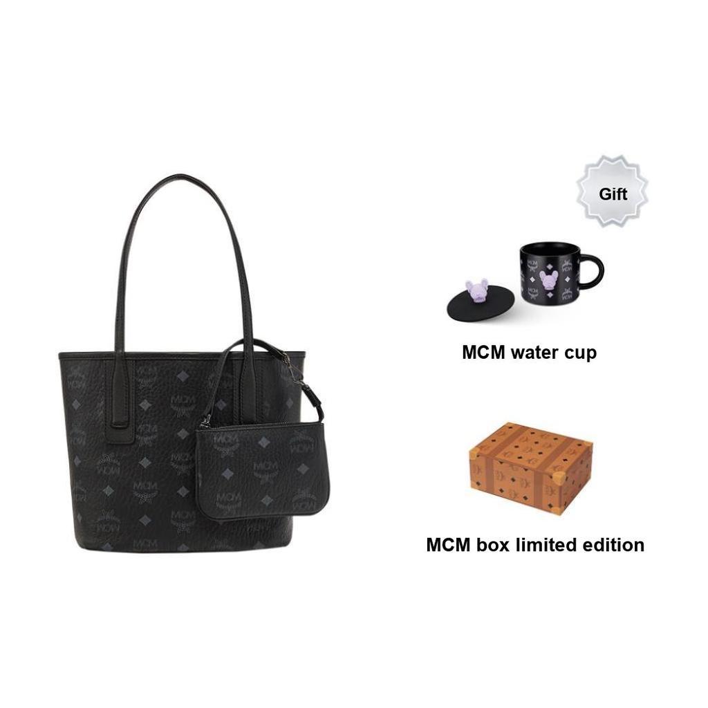 MCM Visetos Medium Tote Bag, Black Monogram Handbag, for Daily Commute Shopping Travel MWPDALR01BK001