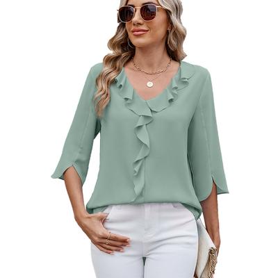 Dámske ležérne košele Elegantný výstrih do V Volány Ležérne jednofarebné topy Základné voľné 3/4 rukáv Šifónová blúzka pre ženy Ropa De Mujer