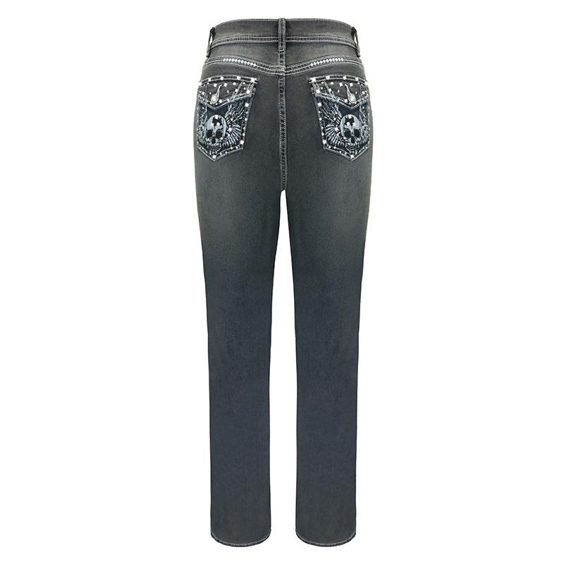 Damenjeans mit Streetstyle-Strasssteinen, dehnbar, schmal geschnitten, besticktes Totenkopf-Design, gerade Hosenbeine
