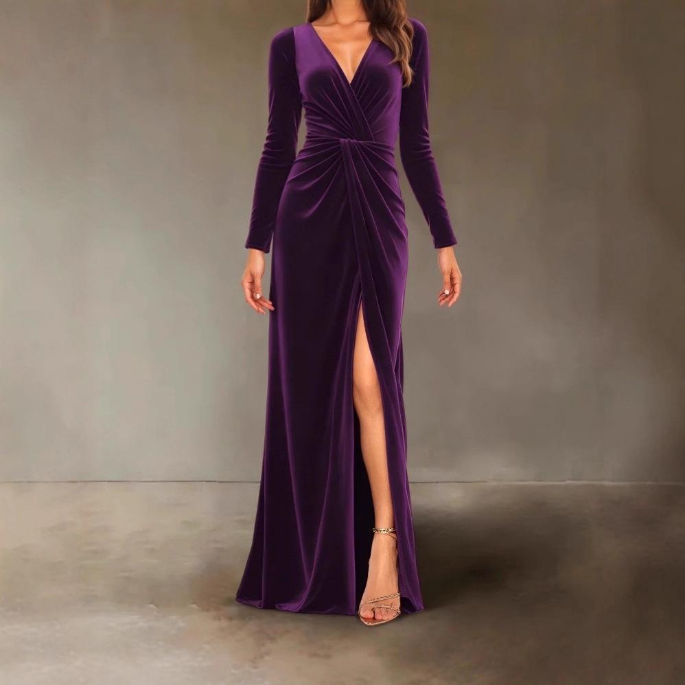 2026 Women's Velvet V-Neck Pleated Bodycon Dress - Elegant Autumn/Winter Slim Fit with Slit