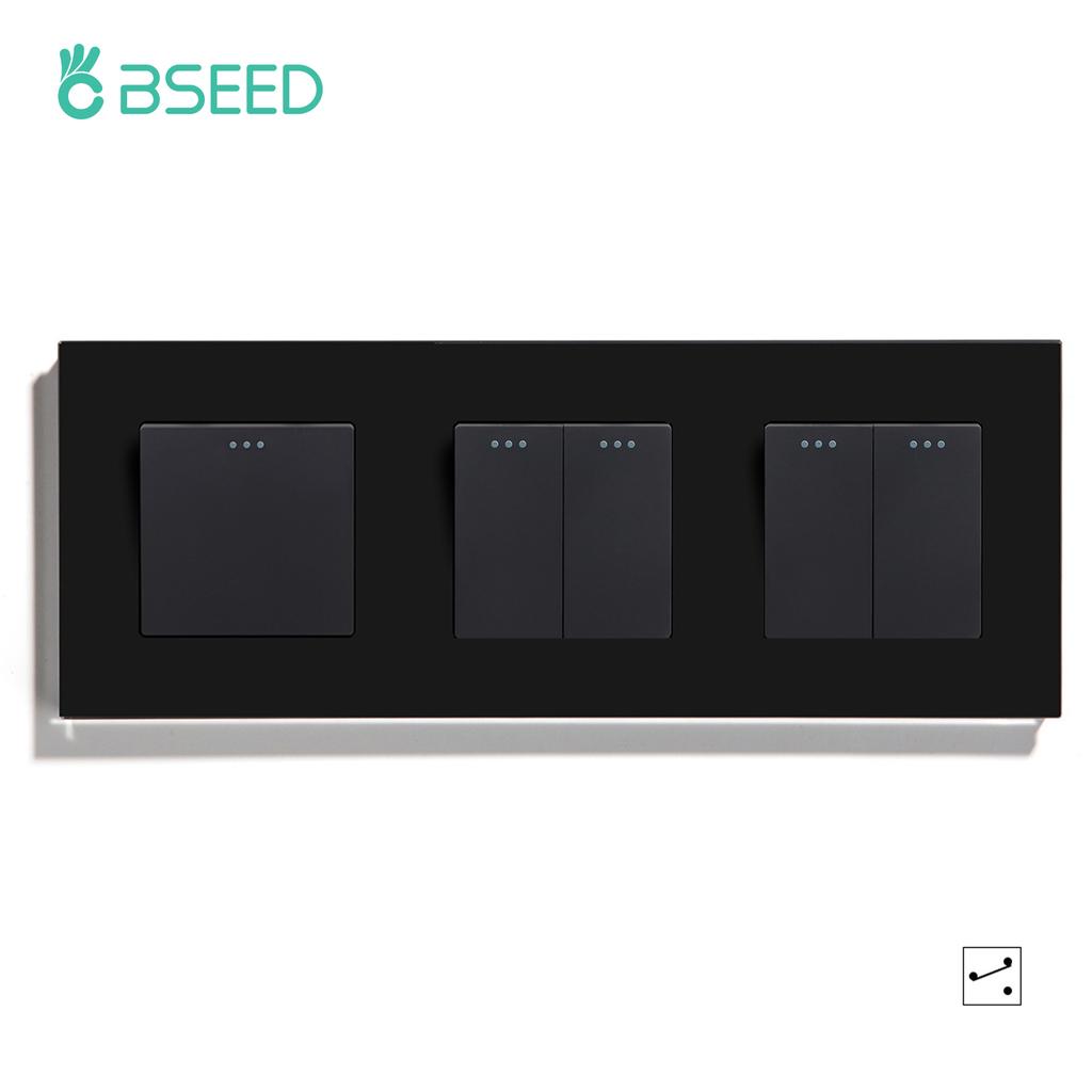 BSEED 1/2/3Gang Mechanical Light Switches 2way For Stairs Corridors with EU Power Sockets USB Type-c Ports Glass Panel Black