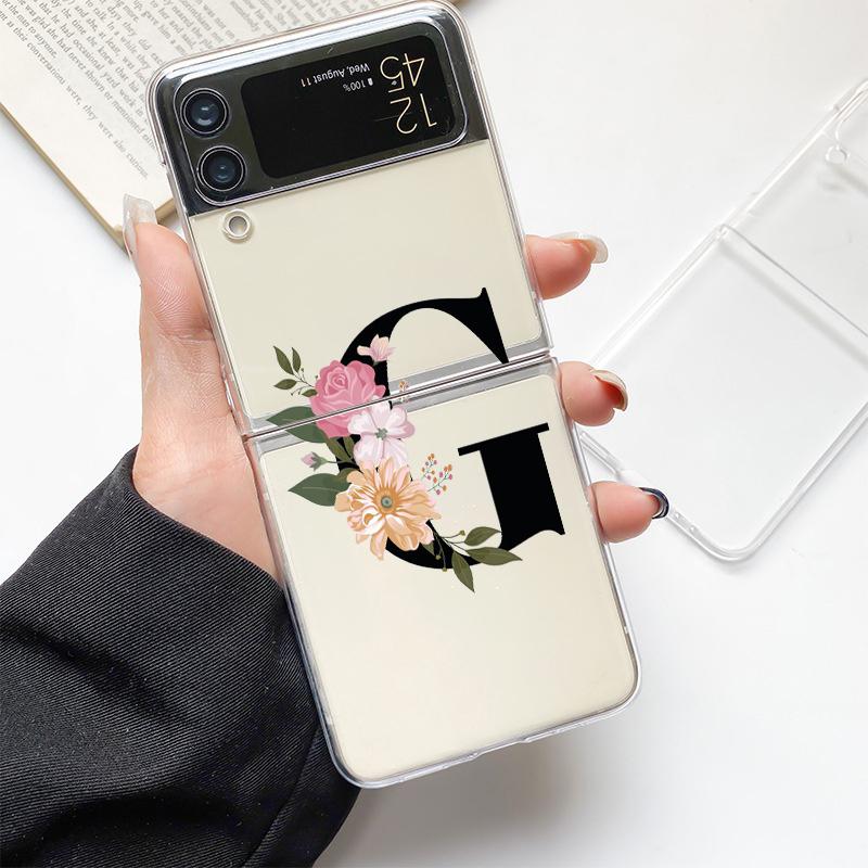 Flower Letters S Fashion Phone Case For Samsung Galaxy Z Flip 3 4 5 6 7 Hard Folding Z Flip4 Clear PC Cover Protector Gift