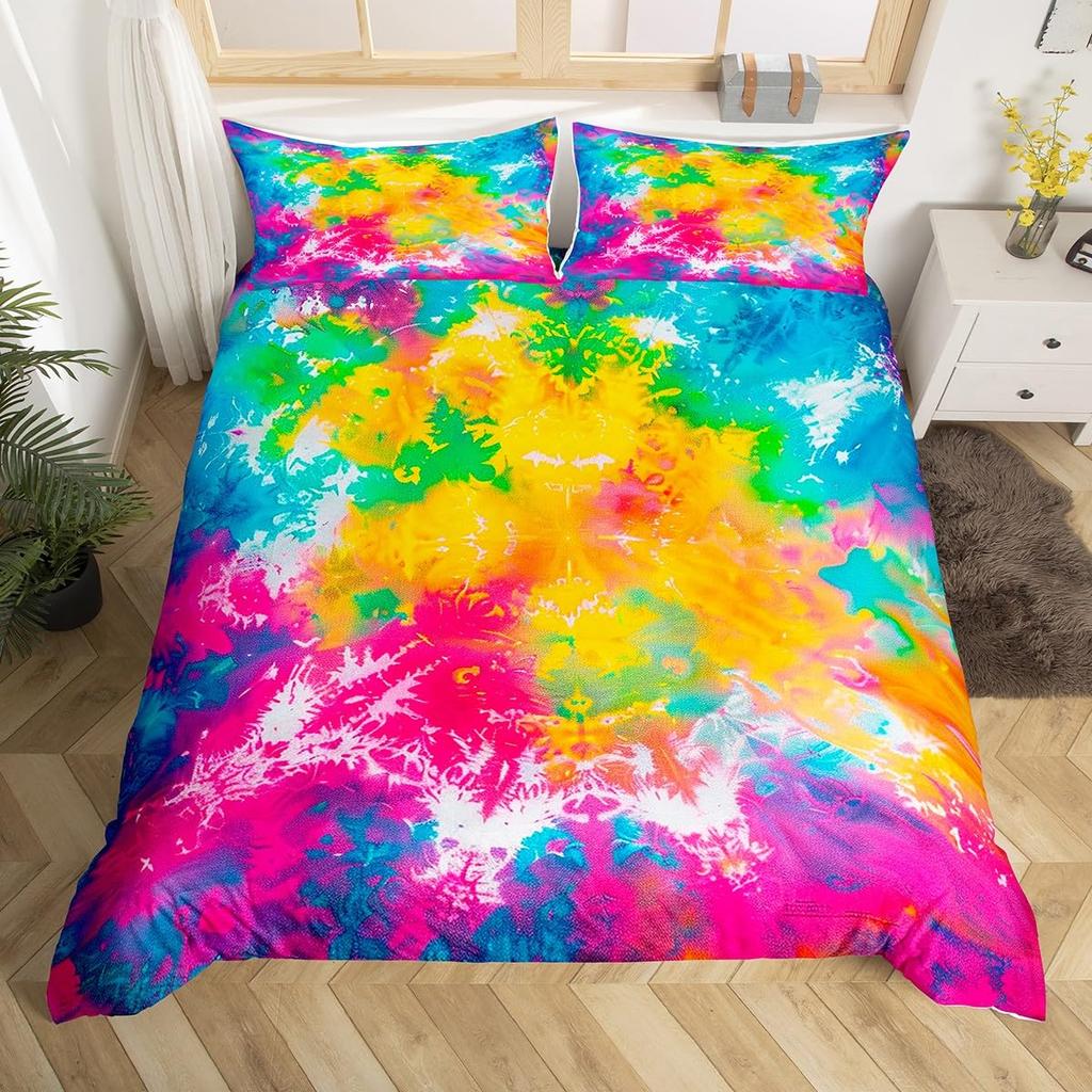 Tie-Dye Duvet Cover Set For Kids Boys Teens Queen Lightweight Quilt Covers Abstract Hippie Themed Boho Bedding Set Bedroom Decor