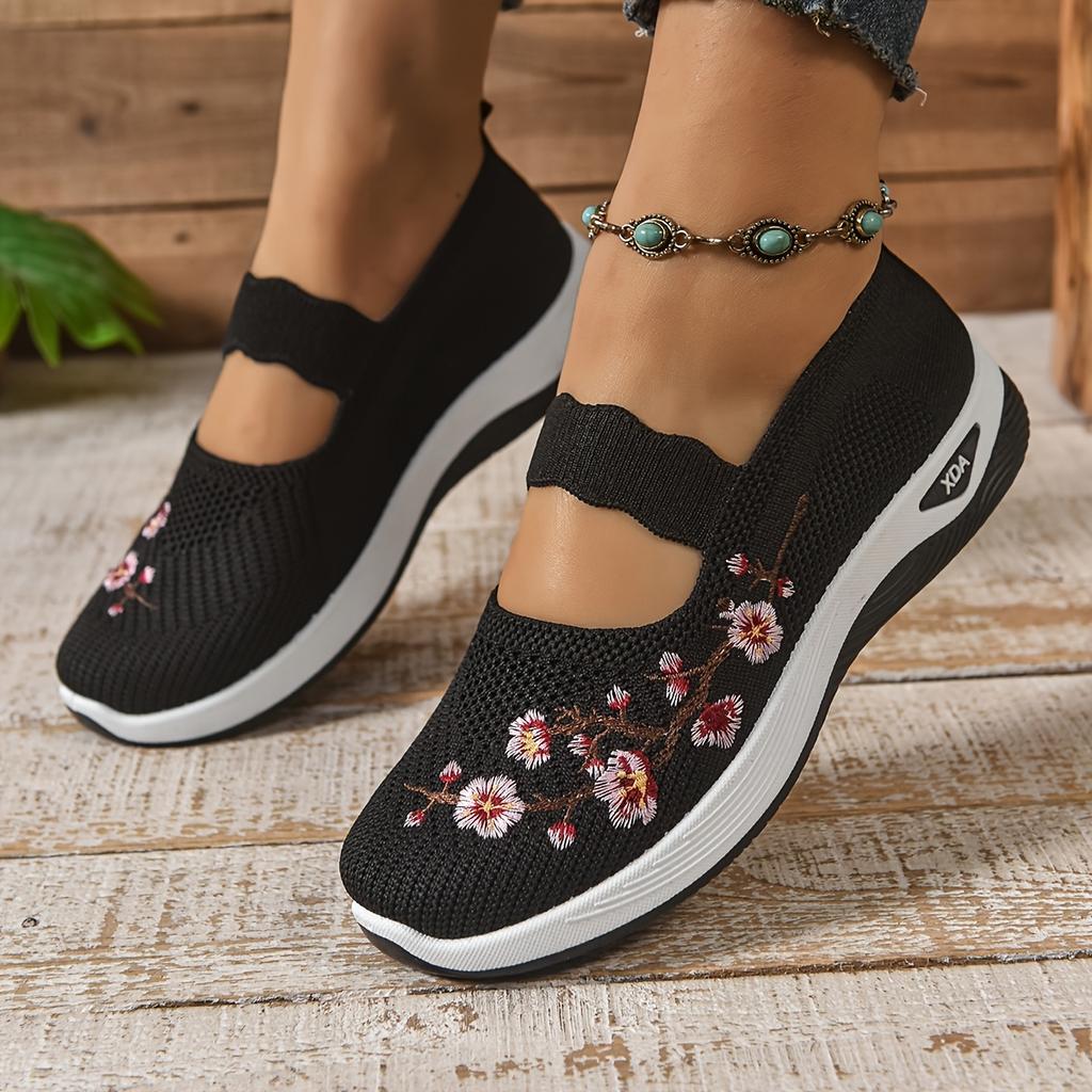 Women's Casual Slip-On Sneakers, Black, Green,   Grey and Maroon; Lightweight Low Top Sneakers with Cute Round Toe & Floral Design for All Seasons