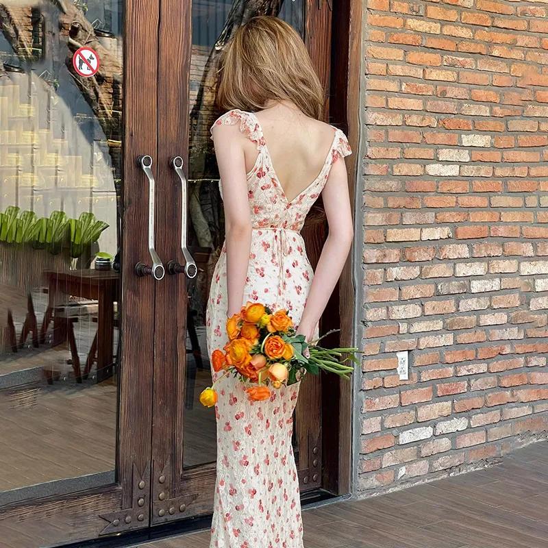 French Floral Print Square Neck Mermaid Women's Slim Ruffle Sleeve Vacation Party Long Dress