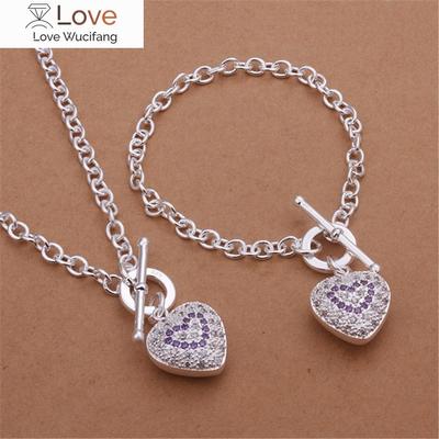 Fine Trend Ensemble de bijoux en argent sterling 925 avec pendentif en forme de cœur romantique et cristal pour femme, collier, bracelet, cadeau de fête, mode noble