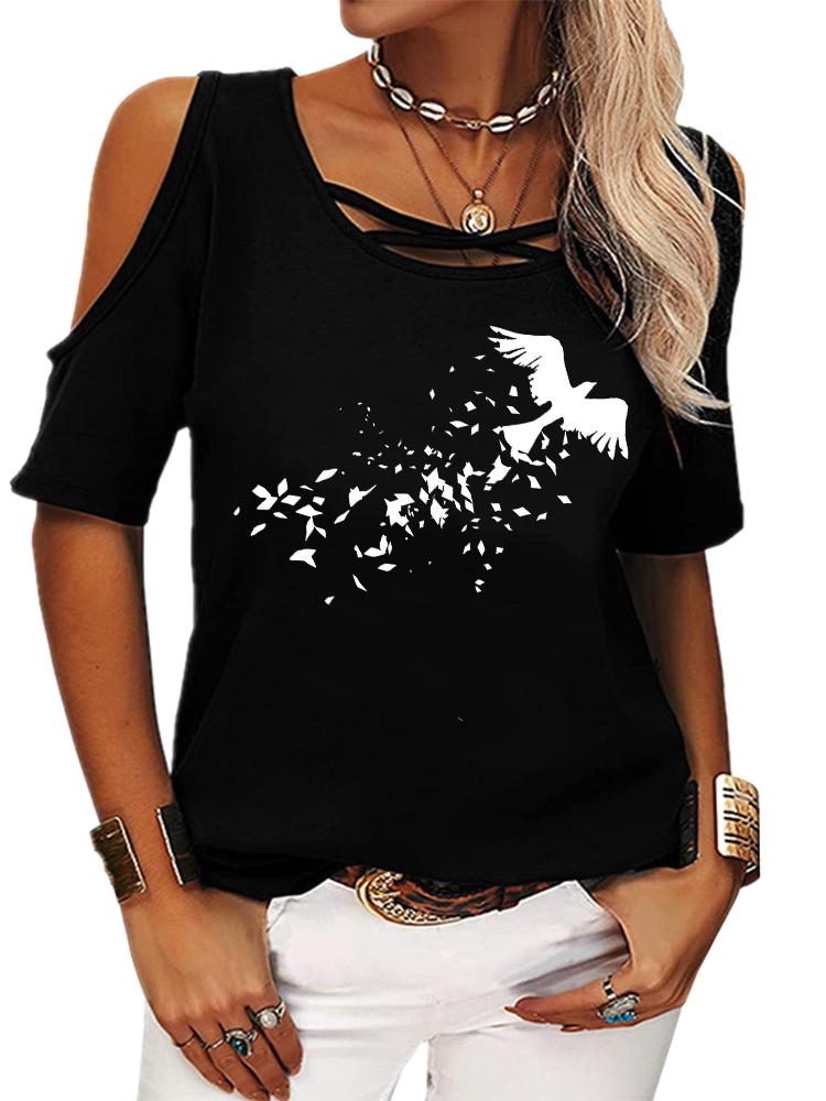 Women Casual Short Sleeve Shirt Summer O Neck T-shirt Ladies Fashion Print Off Shoulder Top