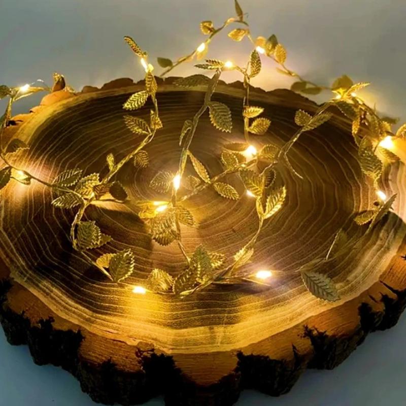 Golden Leaf Garland Fairy Lights String Lighting, Battery Operated Elegant Decoration for Home Weddings Artificial Plant Decor