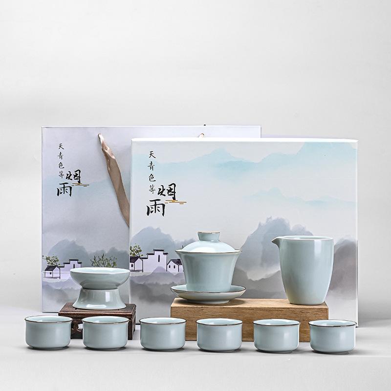 Ru Kiln Ice Crack Kung Fu Tea Set Household Living Room Ceramic Brewing Teapot Open Light Luxury Teacup High-end Gifts
