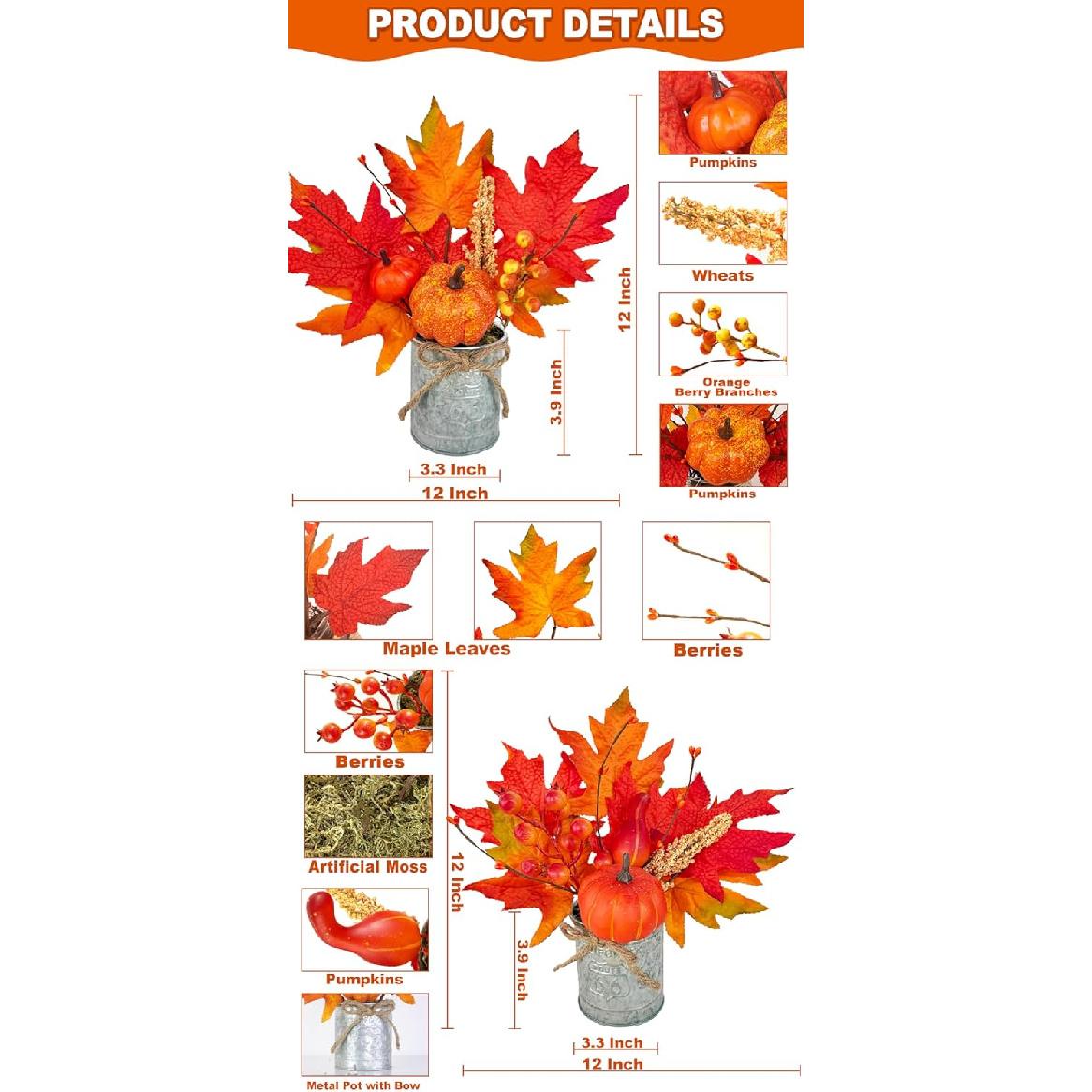 2 Pack 12 Fall Thanksgiving Decorations Fall Centerpieces for Tables Thanksgiving Table Decor Fall Arrangements Maples Leave Pumpkin Berried Wheat