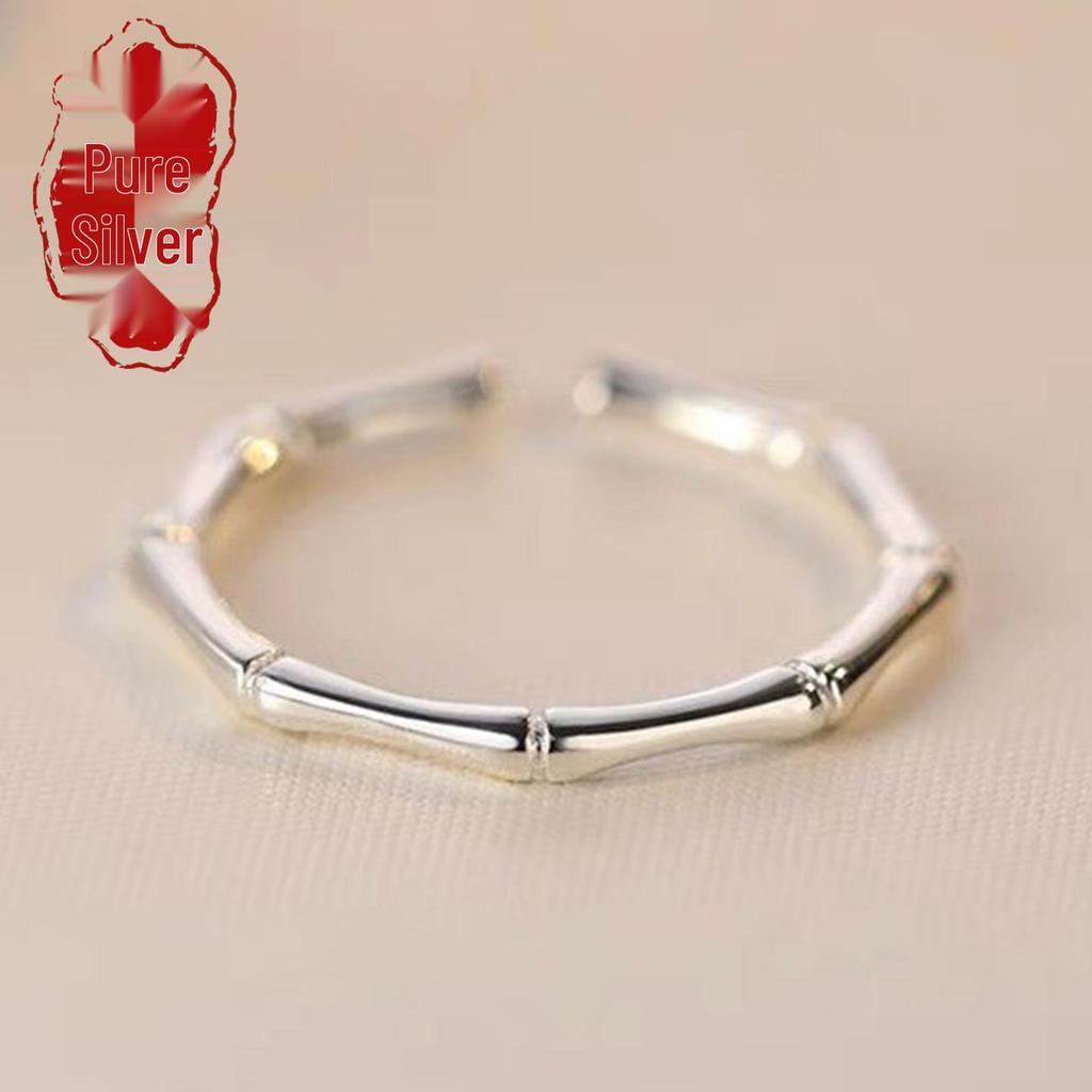Sterling Silver Bamboo Joint Women's Pinky & Index Finger Ring - Simple Luxury, Niche Design, Adjustable Plain Band.